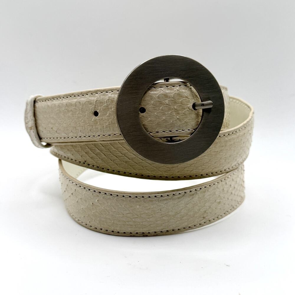 Vintage 90s Bellini White Genuine Snakeskin Round Buckle Belt
